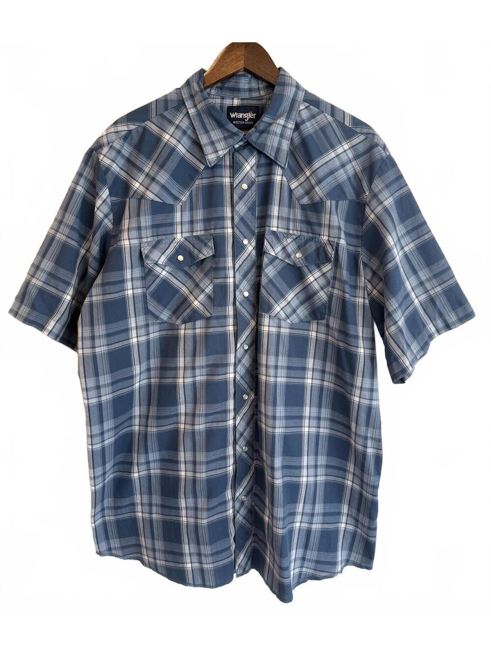 Wrangler Western Shirt Blue Plaid Pearl Snap Short Sleeve Mens XLT Tall